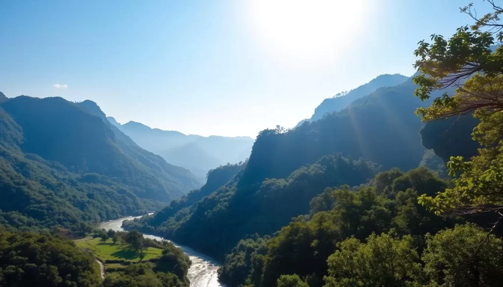 A stunning vista of the majestic Papi Kondalu mountain range, the jewel of Telangana's natural wonders. Towering peaks adorned with lush, verdant forests stand tall against a bright, azure sky. In the foreground, a tranquil river snakes through the valley, its shimmering waters reflecting the surrounding beauty. Sunlight filters through the canopy, casting a warm, golden glow over the serene landscape. Capture the serene atmosphere of this idyllic retreat, where nature's grandeur takes center stage, inviting visitors to immerse themselves in the untamed splendor of Telangana's wilderness.