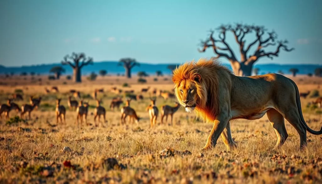 A stunning wildlife photography scene in the heart of the Serengeti National Park, Tanzania. In the foreground, a majestic lion stalks its prey, its golden mane catching the warm, soft light of the afternoon sun. In the middle ground, a herd of gazelles graze peacefully, their delicate forms silhouetted against the vast, grassy plains. In the distance, the iconic baobab trees dot the horizon, their twisted trunks reaching towards the cloudless, azure sky. The scene is captured through the lens of a professional wildlife photographer, utilizing a long telephoto lens to isolate the animals and create a sense of depth and drama. The overall mood is one of tranquility and awe, inviting the viewer to immerse themselves in the beauty and wonder of the Serengeti.