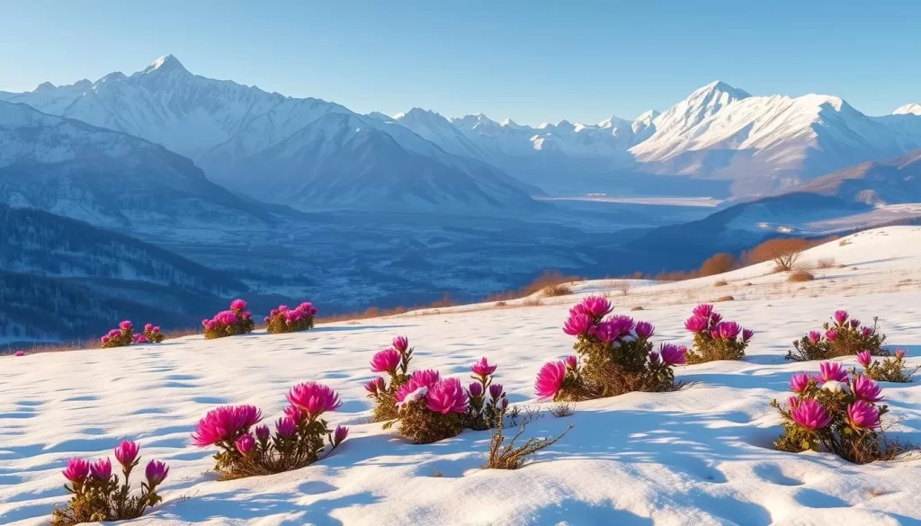 A stunning winter landscape in the captivating region of Arunachal Pradesh, India. In the foreground, a snow-dusted meadow dotted with vibrant rhododendron bushes, their delicate pink blossoms peeking through the icy blanket. In the middle ground, towering Himalayan peaks rise majestically, their jagged, snow-capped summits glowing under the soft, golden light of the winter sun. The background is a panoramic vista of rolling hills, blanketed in a serene, pristine layer of snow, creating a serene, peaceful atmosphere. The scene is illuminated by a warm, natural light, casting long shadows and highlighting the intricate textures of the landscape. Compose the image with a wide-angle lens to capture the grandeur and scale of this breathtaking winter wonderland.