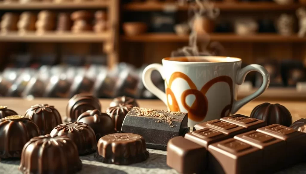 A sumptuous display of Pingtung's signature chocolate delights, captured in a soft, natural light. In the foreground, an assortment of handcrafted chocolate pralines, each carefully molded and decorated with intricate patterns. Beneath them, a rich, dark chocolate bar, its surface shimmering with a glossy sheen. In the middle ground, a steaming cup of hot chocolate, its frothy surface dusted with a delicate cocoa powder. The background reveals a cozy, rustic setting, with wooden shelves displaying an array of artisanal chocolate products. The overall scene exudes a sense of warmth, quality, and the delicious indulgence that defines the culinary culture of Pingtung County.
