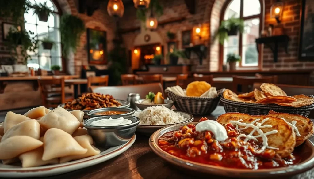 A sumptuous display of traditional Polish cuisine, captured in a cozy, inviting setting. In the foreground, a wooden table laden with an array of delectable dishes - pierogi dumplings, hearty bigos stew, and crisp potato pancakes, drizzled with sour cream. The middle ground features a charmingly rustic interior, with exposed brick walls, hanging plants, and warm lighting, creating an atmosphere of comfort and conviviality. In the background, a large window allows natural light to filter in, highlighting the vibrant colors and textures of the food. The overall scene evokes the rich culinary heritage of Poznan, Poland, inviting the viewer to savor the flavors and immerse themselves in the city's unique gastronomic delights.