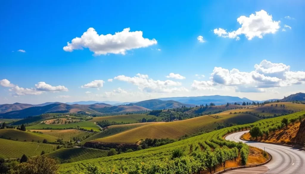 A sun-dappled California landscape, rolling hills and vineyards stretch out under a clear, azure sky. Fluffy clouds drift lazily overhead, casting playful shadows on the verdant foliage below. In the foreground, a winding road snakes through the countryside, inviting the viewer to embark on a weather-savvy adventure. The warm, golden light bathes the scene in a gentle, welcoming glow, capturing the essence of California's pleasant, Mediterranean-like climate. A serene, picturesque setting that perfectly encapsulates the best months to visit this captivating state.