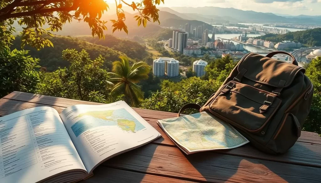 A sun-dappled Johor landscape, lush with verdant foliage and rolling hills. In the foreground, a well-organized travel itinerary lays open, its pages detailing the day's planned activities. Midground, a stylish traveler's backpack and map rest on a weathered wooden table, hinting at the adventures to come. In the background, a panoramic view of Johor's iconic landmarks - towering skyscrapers, historic buildings, and serene waterways. The scene is bathed in warm, golden light, conveying a sense of anticipation and excitement for the journey ahead.