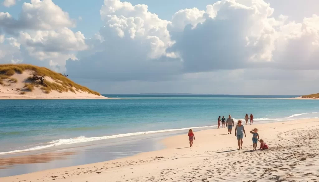 A sun-dappled Lake Huron beach, the shoreline stretching out in a gentle arc. Families stroll along the soft sand, kids building sandcastles and wading in the crystal-clear waters. In the background, rolling dunes dotted with beach grass and gnarled trees create a natural, serene backdrop. Warm, golden light filters through fluffy clouds, casting a tranquil glow over the scene. A classic, picturesque Great Lakes setting, perfect for a day of family-friendly fun and exploration.