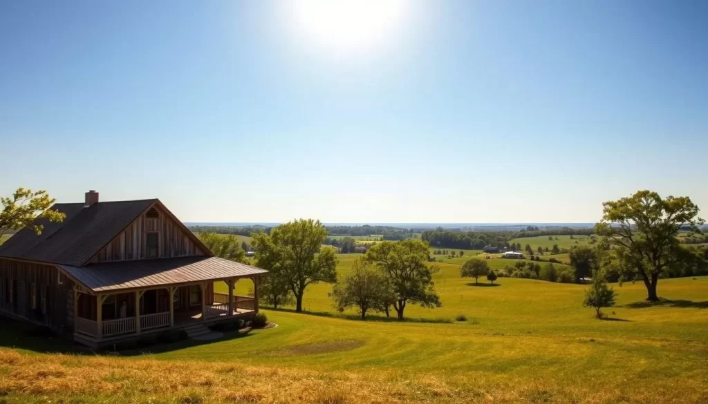 A sun-dappled Missouri landscape, rolling hills and lush meadows under a cloudless, azure sky. In the foreground, a picturesque farmhouse with a wrap-around porch, its weathered wooden siding basking in the warm, golden light. Scattered trees dot the middle ground, their verdant foliage swaying gently in a light breeze. In the distance, a hazy blue horizon line hints at the expansive natural beauty of the region. The scene exudes a sense of tranquility and rustic charm, capturing the essence of a perfect weather-savvy day in the Show-Me State.