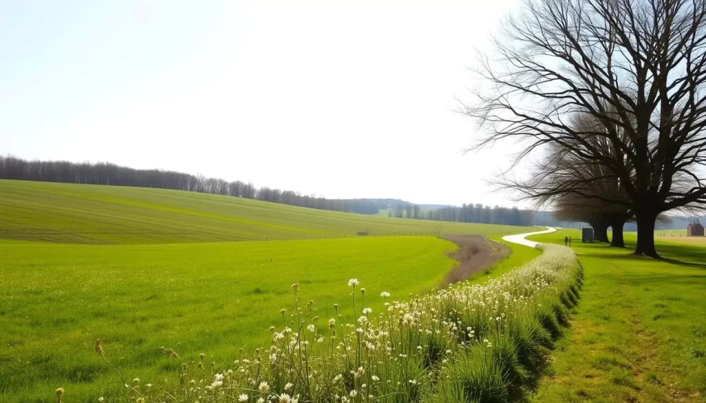 A sun-dappled New England landscape in early springtime. Lush, verdant fields dotted with blooming wildflowers in the foreground, gently rolling hills in the middle ground, and a distant treeline silhouetted against a bright, azure sky. Soft, diffused natural lighting illuminates the scene, casting long shadows and creating a warm, inviting atmosphere. The air is crisp yet refreshing, hinting at the season's transition. Stately maple and oak trees line a winding country road, their budding branches swaying lightly in a gentle breeze. A tranquil, pastoral scene that captures the essence of spring's awakening in New England.
