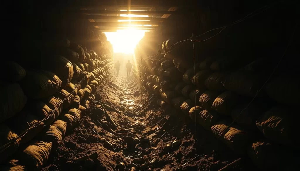 A sun-dappled World War I trench in Ypres, Belgium, with steep, muddy walls and a narrow path winding through. Sandbags line the edges, providing cover for the soldiers. Barbed wire and wooden beams hint at the precarious nature of this makeshift shelter. The foreground is littered with spent shell casings and discarded equipment, while in the distance, the silhouettes of soldiers can be seen moving about their duties. A soft, warm light filters through the scene, casting long shadows and lending an almost serene quality to the otherwise grim surroundings. The atmosphere is one of tense vigilance, a fleeting moment of calm in the midst of a relentless conflict.