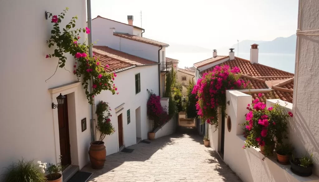 A sun-dappled alleyway winding through Fethiye's historic Old Town, with whitewashed buildings, terra cotta roofs, and bougainvillea-draped walls lining the cobblestone path. Glimpses of blue Aegean waters and distant mountains visible in the background, creating a picturesque Mediterranean scene. Soft, warm lighting filters through the narrow streets, casting gentle shadows and highlighting the charming architectural details. Capture the timeless essence of this quaint Turkish town, inviting the viewer to explore its rich history and vibrant local culture.