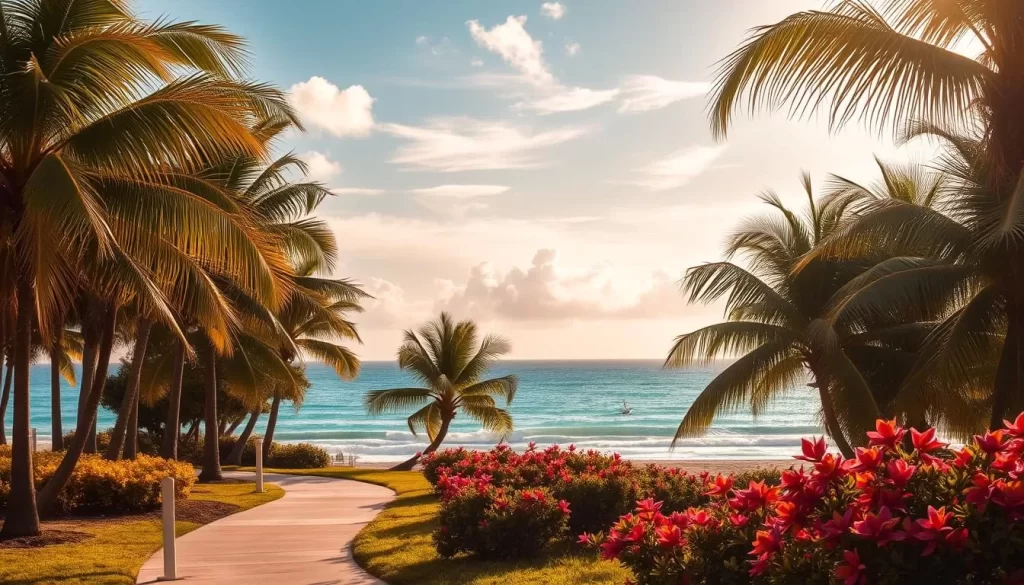 A sun-dappled autumn scene in Florida, with gently swaying palm trees lining a tranquil beach. The warm, golden light filters through wispy clouds, casting a soft, ambient glow over the lush, verdant foliage. In the foreground, a winding path leads towards the crystal-clear turquoise waters of the Gulf of Mexico, where gentle waves caress the sandy shore. The middle ground features clusters of colorful, tropical flowers in bloom, their petals dancing in the light breeze. In the distance, a pair of pelicans soar gracefully above the horizon, completed by a picturesque, hazy skyline. The scene exudes a serene, inviting atmosphere, perfectly capturing the essence of fall in the Sunshine State.