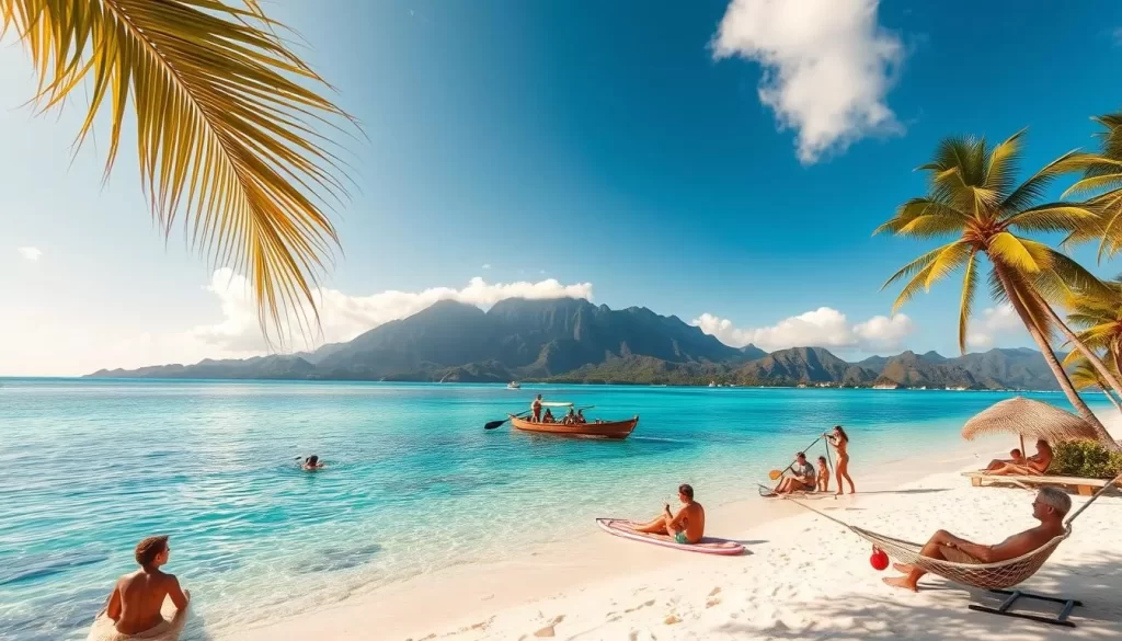 A sun-dappled beach in French Polynesia, with swaying palm trees and crystal-clear turquoise waters. In the foreground, locals and tourists engage in various seasonal activities - snorkeling amid vibrant coral reefs, stand-up paddleboarding along the scenic coastline, and relaxing in hammocks under the shade. In the middle ground, a traditional outrigger canoe glides across the lagoon as people fish and explore the hidden coves. The background showcases verdant volcanic mountains, their peaks shrouded in wispy clouds. Warm, golden light filters through the scene, creating a serene, paradise-like atmosphere.