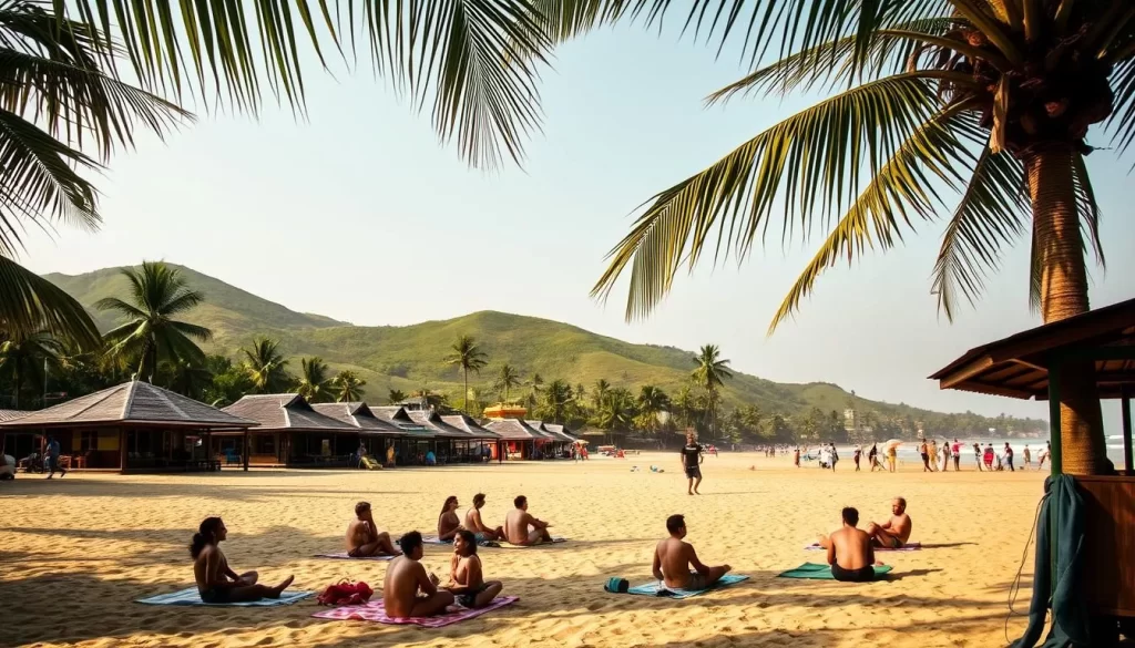 A sun-dappled beach in Goa, India during the shoulder season. A gentle breeze ruffles the palm fronds as beachgoers soak up the mild warmth. In the foreground, a group of friends relax on colorful beach towels, their laughter mingling with the distant sound of waves. The middle ground features a line of iconic Goan beach shacks, their thatched roofs and vibrant facades lending a charming, laid-back atmosphere. In the background, rolling green hills dotted with palm trees frame the scene, creating a serene and picturesque landscape. The lighting is soft and natural, casting a warm, golden glow over the entire composition.