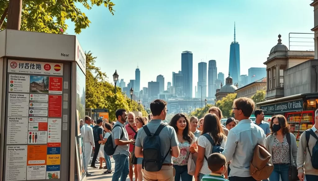 A sun-dappled cityscape bustles with diverse residents, each engaged in a web of linguistic exchange. In the foreground, a multilingual information kiosk stands, its signage and brochures showcasing a range of languages. Nearby, a group of people converse animatedly, their gestures and facial expressions conveying the richness of cross-cultural communication. In the middle ground, a vibrant storefront displays a vibrant array of international products, their packaging a testament to the community's linguistic diversity. In the background, skyscrapers and historic landmarks rise, a testament to the city's thriving multilingual ecosystem. Warm, natural lighting bathes the scene, creating a sense of inclusivity and harmony.