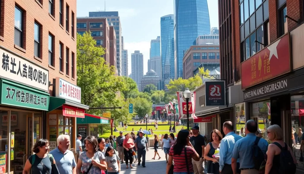 A sun-dappled cityscape, where diverse language communities thrive. In the foreground, a bustling street scene showcases vibrant storefronts with multilingual signage. Pedestrians of various ethnicities converse, their expressions animated. In the middle ground, a park emerges, with children playing and adults gathered, engaged in lively discourse. The background features a skyline of modern high-rises, their glass facades reflecting the day's warm light. The overall atmosphere radiates a sense of cultural richness and linguistic harmony, capturing the essence of Minnesota's multilingual tapestry.