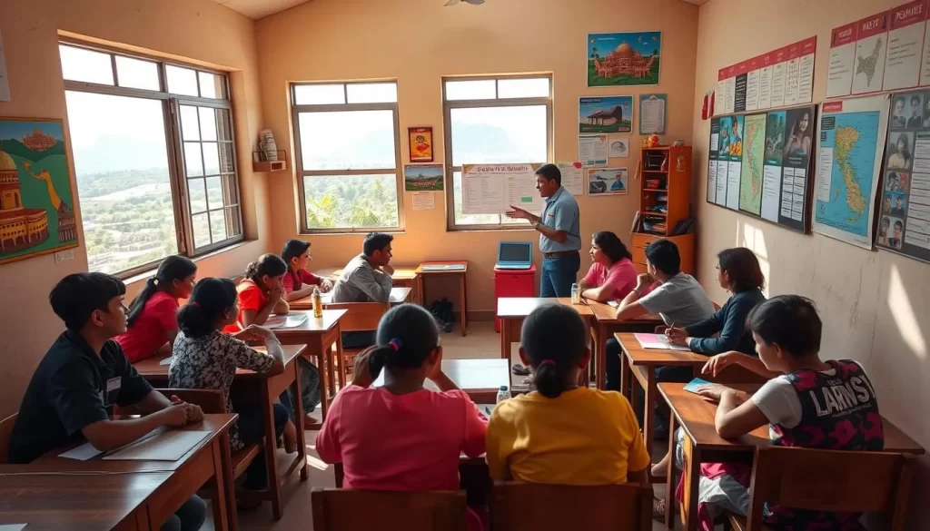 A sun-dappled classroom in Odisha, India, where students of diverse backgrounds engage in lively language lessons. Desks are arranged in an intimate semicircle, allowing for collaborative discussions. The teacher, a passionate educator, gestures animatedly while guiding students through interactive exercises that combine traditional methods with modern multimedia tools. Vibrant wall displays showcase colorful cultural artifacts, maps, and educational posters, creating an immersive learning environment. Through large windows, verdant landscapes and distant hills are visible, subtly hinting at the regional context. Warm, diffused lighting filters in, illuminating the focused expressions of the students as they eagerly participate, cultivating a sense of discovery and wonder in the pursuit of language education.