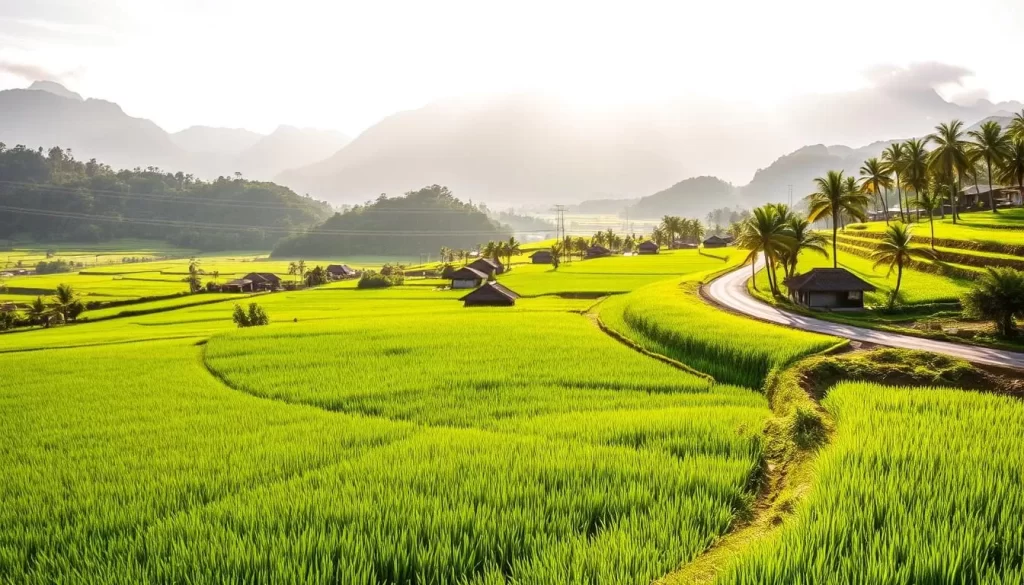 A sun-dappled countryside in Taitung, Taiwan, bathed in warm afternoon light. In the foreground, verdant rice paddies stretch out, their lush green hues interrupted by the subtle ripple of the water. Towering mountains rise in the distance, their peaks capped with wispy clouds. A winding road meanders through the landscape, flanked by clusters of traditional thatch-roofed houses and swaying palm trees. The scene exudes a sense of tranquility and natural beauty, inviting the viewer to imagine the balmy, pleasant climate that makes Taitung an ideal weather-savvy destination.