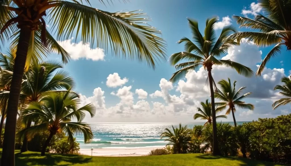 A sun-dappled day in Florida, capturing the state's dynamic weather seasons. In the foreground, lush palm trees sway gently, their fronds casting playful shadows on the vibrant green grass below. The middle ground features a picturesque beach scene, with pristine white sand and a calm, turquoise ocean lapping at the shore. In the distance, fluffy white clouds drift across a brilliant azure sky, illuminated by warm, golden sunlight. The overall mood is one of serene tranquility, reflecting the varied yet comfortable climate that makes Florida a year-round vacation destination.