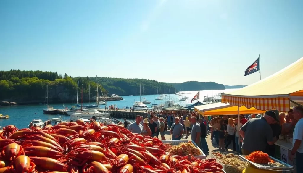 A sun-dappled day on Swan's Island, Maine, as the annual lobster festival is in full swing. In the foreground, a bustling seafood market overflows with fresh catches - glistening lobsters, plump scallops, and juicy clams. In the middle ground, a crowd gathers around colorful food stalls, savoring the aromas of grilled seafood, buttery lobster rolls, and salty oysters. The background reveals the scenic harbor, dotted with fishing boats and framed by rugged cliffs and verdant foliage. Warm, golden lighting filters through the scene, creating a vibrant, celebratory atmosphere. The camera captures the essence of Swan's Island's rich maritime heritage and the joy of experiencing its local cuisine.
