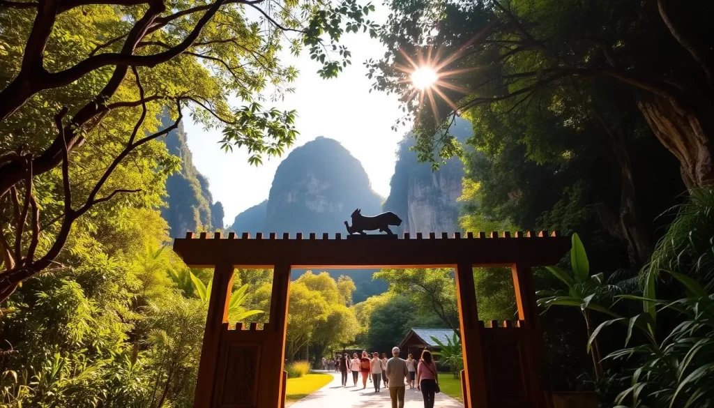 A sun-dappled entrance to Khao Sam Roi Yot National Park, Thailand. The pathway leads visitors through a lush, verdant landscape of towering limestone cliffs and dense tropical foliage. Sunlight filters through the canopy, casting a warm, golden glow over the scene. In the foreground, a sturdy wooden archway marks the official park entrance, adorned with intricate carvings. Visitors approach the gateway, eager to explore the natural wonders that lie beyond. The atmosphere is serene and inviting, capturing the essence of this remarkable protected area.