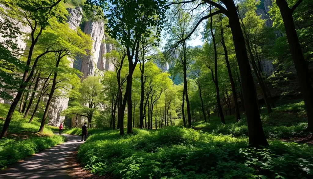 A sun-dappled forest clearing in Berdorf, Luxembourg, where towering limestone cliffs rise up, offering a haven for intrepid climbers. In the foreground, a winding path leads to the base of the craggy rock faces, dotted with colorful climbing gear and adventurous souls scaling the vertical terrain. The middle ground is a lush tapestry of verdant foliage, casting soft shadows across the scene. In the distance, the canopy of ancient trees frames the dramatic backdrop of the Luxembourg Müllerthal region, a natural wonder waiting to be explored by nature enthusiasts. Soft natural lighting filters through the leaves, creating a serene and awe-inspiring atmosphere.