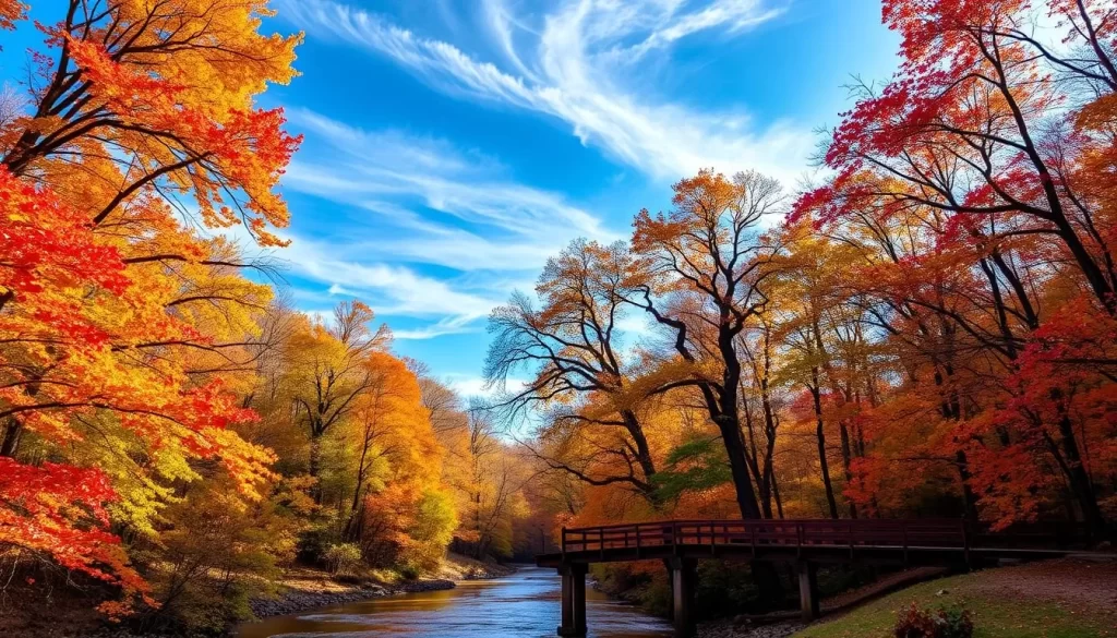A sun-dappled forest in the Ozark Mountains of Arkansas, with vibrant hues of red, orange, and yellow foliage dancing in the gentle breeze. Towering oak and maple trees form a lush canopy, casting warm, golden light over a winding creek below. In the foreground, a picturesque wooden bridge crosses the babbling waters, inviting the viewer to explore this serene autumn landscape. The sky is a clear, azure blue, with wispy clouds drifting overhead, creating a sense of tranquility and wonder. The overall mood is one of natural beauty, perfect for a weather-savvy traveler seeking to immerse themselves in the splendor of fall in Arkansas.