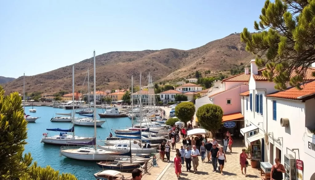 A sun-dappled harbor on the picturesque island of Bozcaada, Turkey. Sailboats bob gently in the turquoise waters, their masts reaching skyward. In the foreground, locals and tourists stroll along the quaint cobblestone streets, pausing to browse the colorful open-air markets and artisanal shops. Whitewashed buildings with terracotta roofs line the shore, casting long shadows as the warm Mediterranean sun filters through the verdant olive trees. A backdrop of rugged, sun-kissed hills provide a dramatic contrast, inviting visitors to explore the island's natural wonders on leisurely day trips.