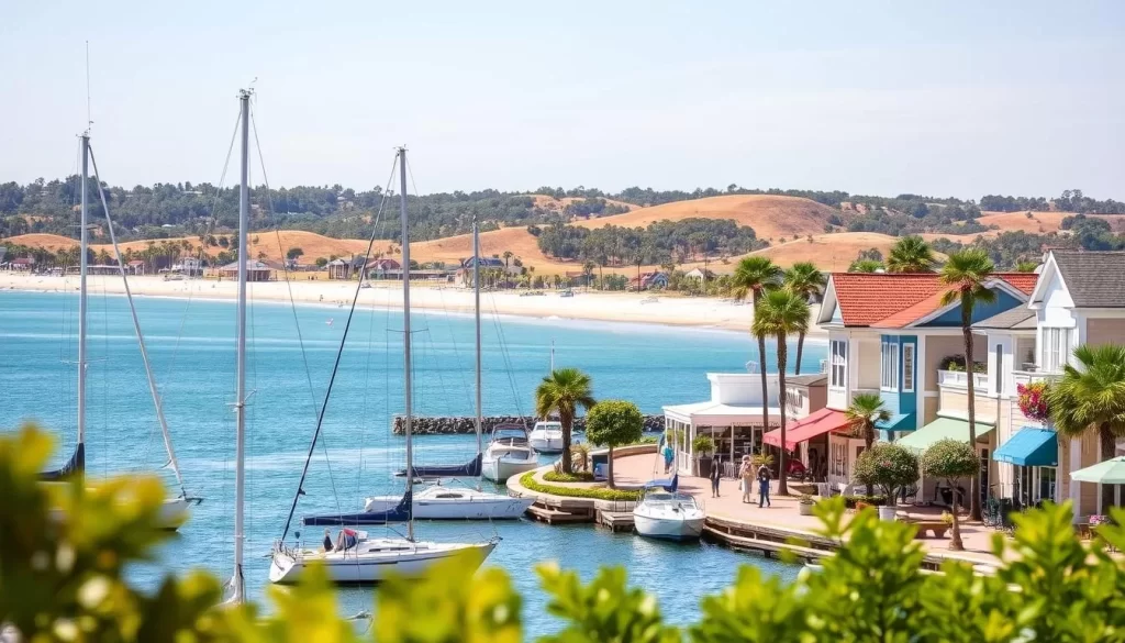 A sun-dappled harbor town nestled along the Gulf of Mexico, Fairhope's coastal charm shines through its picturesque streets and gentle rolling hills. In the foreground, sailboats dot the azure waters, their masts casting playful shadows. In the middle ground, quaint shops and cafes line the bustling sidewalks, their facades adorned with vibrant blooms. The background showcases the gently sloping shoreline, dotted with swaying palm trees and framed by a cloudless sky tinged with hues of golden peach. The scene is suffused with a sense of tranquility and timeless elegance, inviting visitors to immerse themselves in the serene beauty of this coastal Alabama gem.