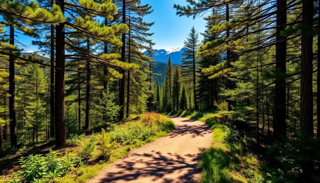 A sun-dappled hiking trail winding through the lush, verdant forests of Franconia Notch State Park, New Hampshire. Towering pines and deciduous trees frame the path, their branches casting soft, dappled shadows on the well-worn dirt beneath. In the distance, a glimpse of rugged, snow-capped peaks and azure skies, hinting at the majestic vistas that await the intrepid hiker. The warm, golden light filters through the canopy, creating a serene and inviting atmosphere perfect for an invigorating outdoor adventure. The trail stretches out before the viewer, beckoning them to explore the natural beauty of this stunning New England landscape.