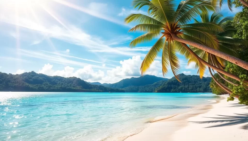 A sun-dappled island paradise, the Andaman and Nicobar archipelago shines with vibrant hues. Crystalline turquoise waters lap against powdery white sand beaches, framed by swaying coconut palms and lush emerald foliage. Beams of warm sunlight filter through wispy cirrus clouds, casting a golden glow over the tranquil scene. In the distance, verdant hills rise up, their slopes cloaked in the rich greens of tropical rainforests. Serene and picturesque, this idyllic landscape captures the essence of the Andaman Islands' ideal weather for a weather-savvy traveler's dream getaway.