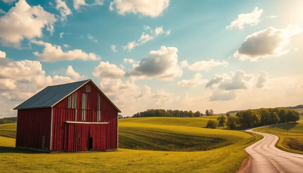 A sun-dappled landscape in Indiana, with lush rolling hills and winding country roads. In the foreground, a weathered wooden barn stands tall, its red paint faded by the elements. The sky is a mélange of fluffy white clouds and brilliant blue hues, creating a sense of tranquility. In the distance, a line of verdant trees sway gently in the warm breeze. The scene is bathed in soft, golden light, conveying the pleasant, unpredictable nature of Indiana's weather. A wide-angle lens captures the serene, pastoral atmosphere, inviting the viewer to step into this picturesque Midwestern setting.