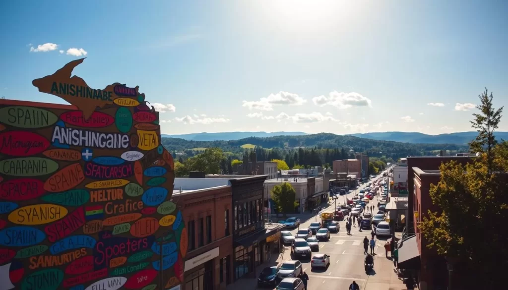 A sun-dappled landscape in Michigan, showcasing the state's diverse linguistic tapestry. In the foreground, a vibrant mural depicts the languages spoken throughout the region, from the native Anishinaabe to the influx of Spanish, Arabic, and Mandarin. The middle ground features bustling city streets, with storefronts and signs in multiple scripts, reflecting the multicultural nature of the community. In the background, rolling hills and verdant forests provide a serene backdrop, hinting at the state's natural beauty. The overall scene conveys a sense of cultural richness and harmony, perfectly capturing the essence of "Michigan, United States: Official and Widely Spoken Languages".