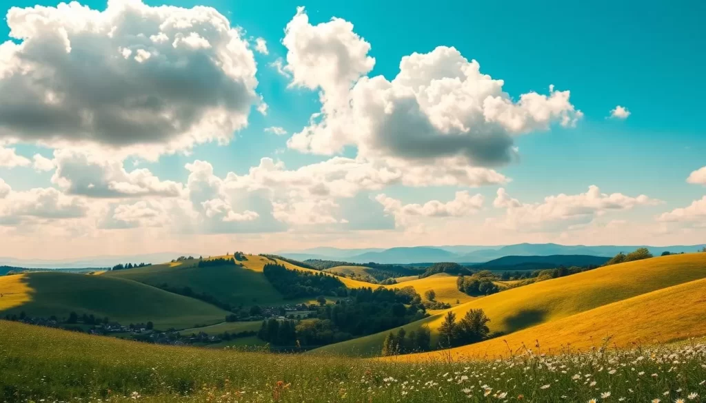 A sun-dappled landscape in Pennsylvania on a pleasant spring day. Rolling hills dotted with blooming wildflowers in the foreground, with a picturesque village nestled in the middle distance. Fluffy white clouds drift across a bright azure sky, casting shifting shadows over the verdant countryside. The scene is bathed in warm, golden light, creating a serene and inviting atmosphere. In the background, the silhouettes of distant mountains rise up, hazy and mysterious. The entire composition has a sense of tranquility and natural beauty, capturing the essence of Pennsylvania's weather-savvy appeal.