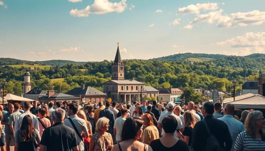 A sun-dappled landscape in Virginia, where the tapestry of linguistic diversity unfolds. In the foreground, a bustling street scene with people of various ethnicities engaged in lively conversations, their voices blending into a harmonious symphony. In the middle ground, historical landmarks stand as silent witnesses to the state's evolving linguistic landscape. The background reveals rolling hills and verdant forests, a tranquil backdrop to the vibrant cultural exchange. Soft, warm lighting illuminates the scene, conveying a sense of timeless beauty and the richness of Virginia's linguistic heritage. Captured through a wide-angle lens, the image invites the viewer to immerse themselves in the dynamic evolution of language that has shaped this remarkable region.