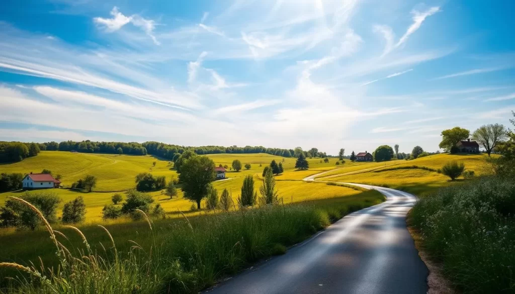 A sun-dappled landscape in rural Wisconsin, rolling hills dotted with lush green trees and farmhouses with red-tiled roofs. In the foreground, a winding country road leads the eye towards the horizon, flanked by tall grasses and wildflowers swaying in a gentle breeze. The sky is a brilliant blue, with wispy clouds casting soft shadows across the scene. The lighting is warm and golden, creating a serene, pastoral atmosphere, perfect for a weather-savvy trip through this charming Midwestern state.