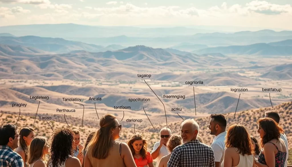 A sun-dappled landscape of Nevada unfolds, with rolling hills and stretches of desert in the distance. In the foreground, a diverse array of people converse animatedly, representing the multilingual tapestry of the state. Their lively gestures and expressions convey the vibrant interactions, as they exchange ideas in English, Spanish, Tagalog, and other tongues. The scene is bathed in warm, golden light, creating a sense of harmony and inclusivity. The image captures the rich linguistic diversity that thrives across Nevada, reflecting the state's embrace of its multicultural heritage.