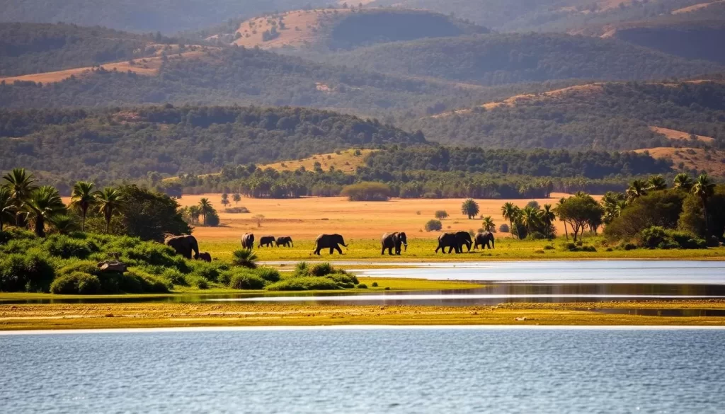 A sun-dappled landscape of the iSimangaliso Wetland Park, South Africa's first UNESCO World Heritage site. In the foreground, a serene lake reflects the lush, verdant wetlands and palm-fringed shores. In the middle ground, a herd of elephants majestically roams, their trunks swaying. Beyond, the rolling hills and dense forests of the park create a stunning natural backdrop, bathed in warm, golden light. The scene conveys a sense of tranquility and harmony, showcasing the breathtaking beauty and biodiversity of this internationally renowned protected area.