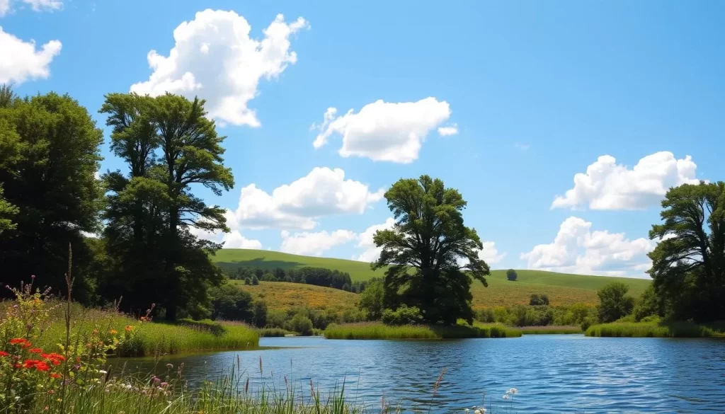 A sun-dappled landscape under a clear azure sky, with fluffy white clouds drifting lazily overhead. Rolling green hills in the middle distance, dotted with vibrant wildflowers in bloom. In the foreground, a serene lake reflects the surrounding foliage, its surface gently rippled by a warm summer breeze. Tall, verdant trees line the banks, their lush canopies providing pockets of shade. The scene is bathed in a soft, golden light, creating a sense of tranquility and warmth. Capture the essence of a perfect summer day in Ohio, when the weather invites exploration and relaxation.