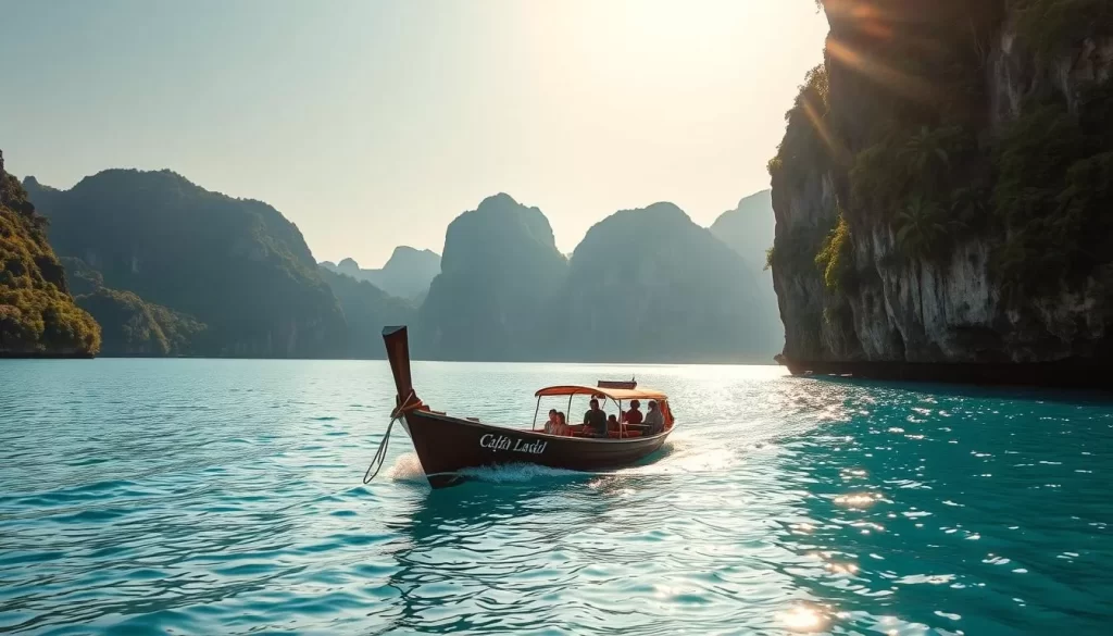 A sun-dappled longtail boat gracefully gliding across the turquoise waters of the Andaman Sea, its wooden hull and vibrant sails transporting passengers towards the iconic limestone cliffs of Railay Beach. Capture the serene atmosphere with soft, natural lighting and a shallow depth of field, emphasizing the boat's sleek silhouette and the breathtaking scenery that unfolds in the background - lush green foliage, dramatic rock formations, and a picturesque horizon. Convey a sense of tranquility and adventure, inviting the viewer to imagine themselves on this captivating journey to one of Thailand's most stunning coastal destinations.