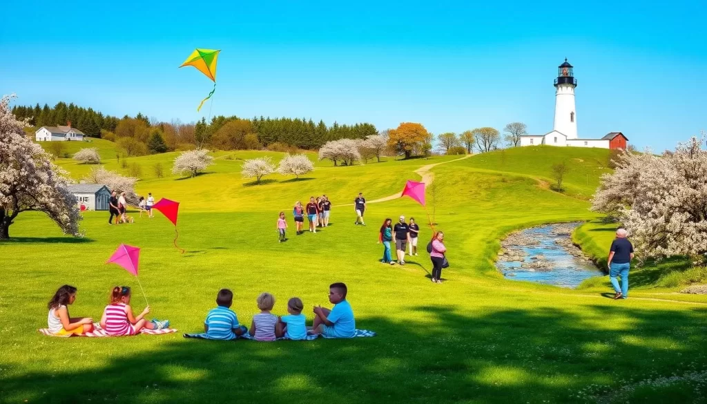 A sun-dappled meadow in Rhode Island, surrounded by verdant hills and blooming cherry trees. In the foreground, a group of children fly colorful kites against a clear blue sky. Families picnic on checkered blankets, enjoying the gentle breeze and the sweet scent of spring flowers. In the middle ground, hikers explore a winding trail, taking in the lush greenery and the bubbling stream that winds through the landscape. The background features a historic lighthouse, its white tower standing tall against the horizon. Soft, warm lighting bathes the scene, creating a sense of peaceful tranquility.