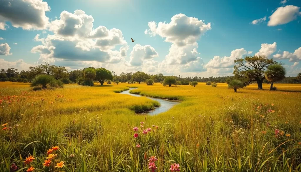 A sun-dappled meadow in central Florida, blanketed by a lush carpet of verdant grass and vibrant wildflowers. In the middleground, a gurgling stream winds its way through the landscape, its banks dotted with clusters of palmetto and live oak trees. Fluffy white clouds drift lazily overhead, casting soft shadows on the scene below. The warm, golden light of an early spring afternoon bathes the entire vista, conveying a sense of tranquility and renewal. Fluttering butterflies and songbirds add a touch of gentle movement, completing the idyllic, serene atmosphere of a Florida spring day.