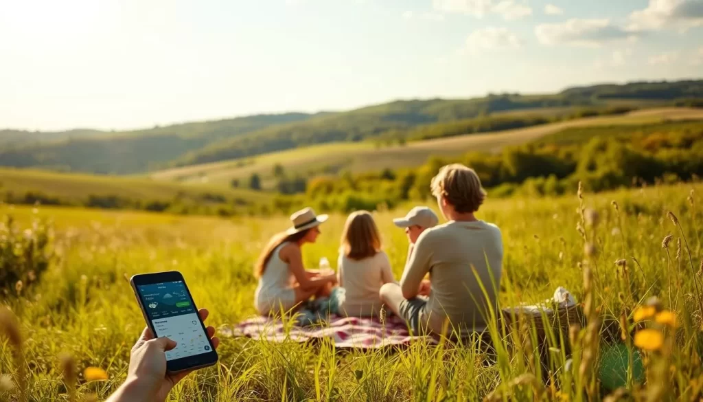 A sun-dappled meadow in rural Ohio, with rolling hills and lush, verdant vegetation in the background. In the foreground, a group of people - a family or friends - are gathered around a picnic blanket, enjoying a weather-responsive outdoor adventure. They are dressed in light, breathable fabrics appropriate for the mild temperature and clear skies. Nearby, a smartphone or tablet displays weather information, showing forecasts and planning tools to optimize their day's activities. The scene conveys a sense of calm, connection, and appreciation for the natural environment. Warm, soft lighting filters through the scene, creating a welcoming, nostalgic atmosphere.