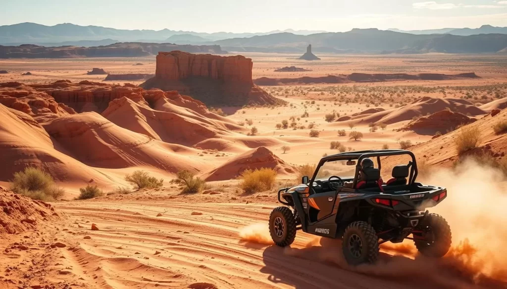 A sun-dappled off-road adventure in the rugged Sand Hollow State Park, Utah. In the foreground, a powerful all-terrain vehicle navigates through the striking red and ochre sandstone terrain, kicking up clouds of dust. The middle ground reveals a vast, undulating landscape of sculpted dunes and rocky outcroppings, bathed in warm, golden light. In the distance, the majestic silhouettes of the surrounding hills and mountains create a dramatic backdrop, hinting at the scale and grandeur of this outdoor playground. The scene conveys a sense of freedom, exploration, and the thrill of adventure amidst the natural wonders of the American Southwest.