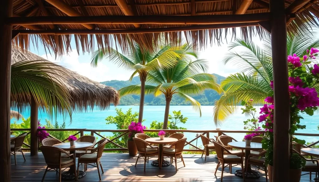 A sun-dappled, open-air dining area on the lush, tropical Tiga Island. Thatched roofs and weathered wood beams frame the scene, creating a rustic, island-chic ambiance. Intimate round tables with rattan chairs are scattered across a wooden deck, surrounded by swaying palm fronds and vibrant bougainvillea. In the background, the turquoise waters of the South China Sea glisten, with a backdrop of verdant, rolling hills. Soft, natural lighting filters through the canopy, casting a warm, golden glow over the entire setting. The atmosphere is relaxed and inviting, perfect for savoring the local, seafood-centric cuisine and enjoying the stunning natural beauty of Tiga Island.