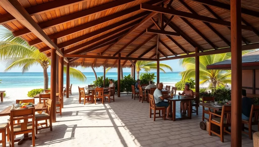 A sun-dappled open-air dining pavilion on the pristine white sands of Kapas Island, Malaysia. Wooden tables and chairs surrounded by lush palm trees and tropical foliage, with the sparkling azure waters of the South China Sea in the background. Vibrant local dishes are served, their aromas mingling with the salty sea breeze. Soft natural lighting filters through the slatted roof, creating a warm, inviting ambiance. Diners enjoy a relaxed, al fresco meal while taking in the breathtaking island scenery. A quintessential Malaysian seaside dining experience.