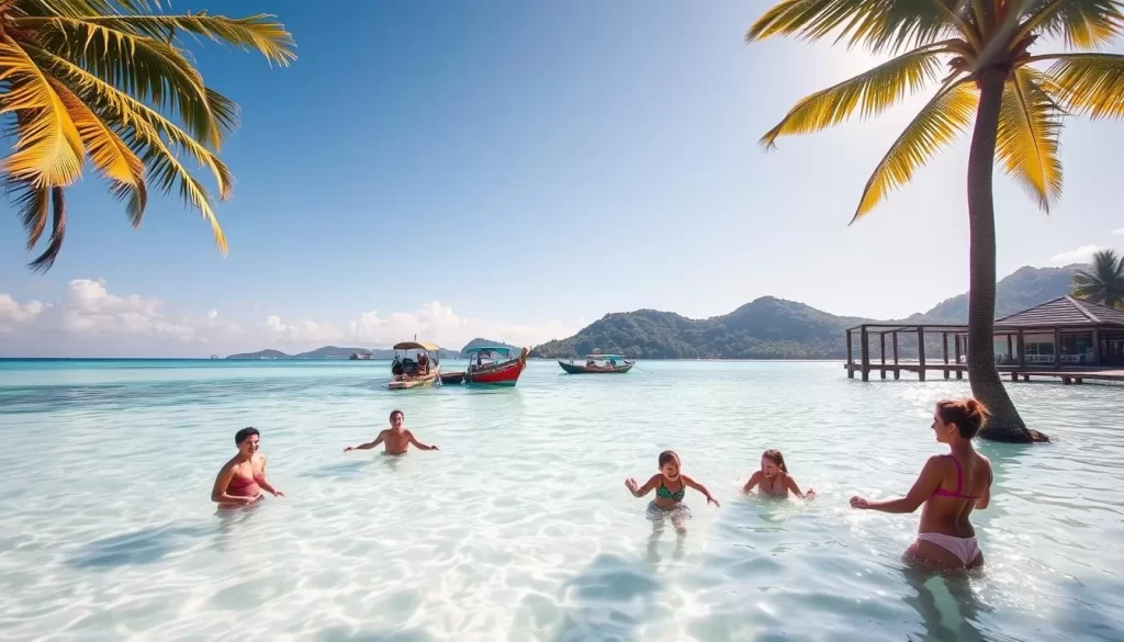 A sun-dappled paradise, Pom Pom Island's crystal-clear waters lap gently against pristine white-sand beaches. In the foreground, a family frolics in the shallows, laughter echoing across the tranquil lagoon. Towering palms sway gently in the warm breeze, casting playful shadows on the sun-kissed scene. In the middle ground, a traditional wooden jetty leads out to a small, idyllic harbor, where colorful fishing boats bob peacefully. The distant, lush green hills rise up, framing the serene island landscape under a clear, azure sky. Capturing the essence of a perfect tropical getaway, this image evokes the ideal time to visit Pom Pom Island - a dream-like escape from the world.
