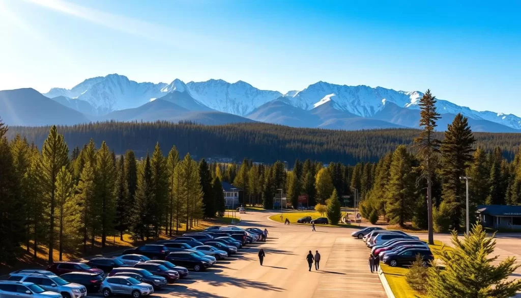 A sun-dappled parking lot nestled in the heart of Yellowstone National Park. Rows of vehicles dot the asphalt, their owners eager to explore the surrounding natural wonders. In the background, majestic mountains rise, their snow-capped peaks reflecting the azure sky. Lush evergreen forests frame the scene, creating a serene and picturesque atmosphere. The warm, golden light filters through the trees, casting a gentle glow over the entire landscape. Visitors stroll along the well-maintained paths, their excitement palpable as they prepare to immerse themselves in the park's iconic geysers, wildlife, and breathtaking vistas.