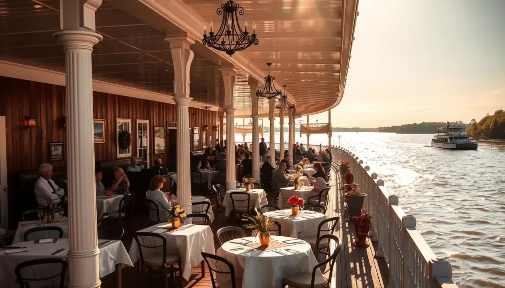 A sun-dappled scene along the banks of the mighty Mississippi River in Vicksburg, Mississippi. A charming riverboat restaurant with a wraparound veranda, its white columns and railing gleaming in the warm, golden light. Tables adorned with crisp white linens and fresh flower arrangements dot the patio, inviting guests to savor the finest Southern cuisine while taking in the picturesque view of the river flowing serenely by. The interior is cozy and inviting, with wood-paneled walls, plush leather seating, and sparkling chandeliers overhead. A gentle breeze carries the aroma of slow-cooked barbecue, fresh-baked biscuits, and sweet iced tea. Patrons leisurely dine, immersed in the tranquil, historic ambiance of this quintessential Southern riverfront setting.
