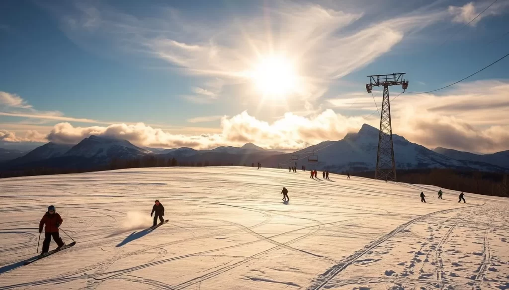 A sun-dappled scene at the slopes of Sugarloaf Mountain, springtime. In the foreground, skiers and snowboarders glide across a partially melted terrain, edges carving through the wet snow. In the middle ground, a chairlift ascends, carrying adventurers up the mountain. The background showcases the mountain's iconic granite peaks, their flanks scattered with patches of lingering winter snow. Warm, golden light filters through wispy clouds, casting a soft, inviting glow over the entire scene. The air is crisp, hinting at the season's transition. A serene, yet dynamic composition capturing the essence of spring activities atop Sugarloaf Mountain.