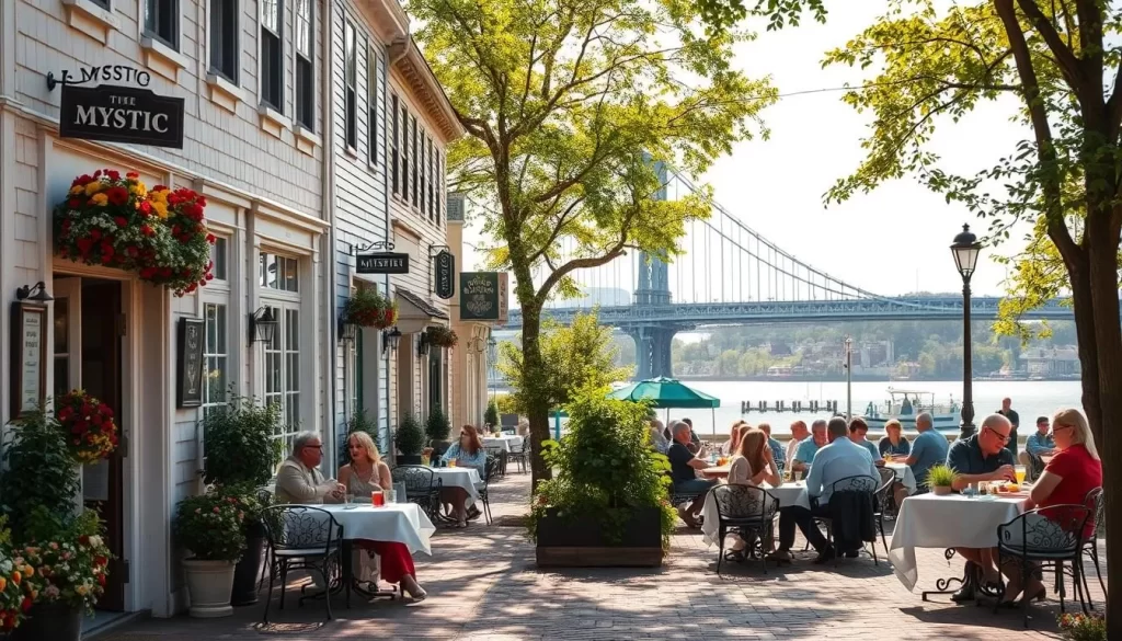 A sun-dappled scene in Mystic, Connecticut, capturing the essence of the town's charming dining scene. Quaint clapboard buildings line a cobblestone street, their facades adorned with colorful flower boxes and vintage-inspired signage. At the center, an inviting outdoor cafe with crisp white tablecloths, wrought-iron furniture, and clusters of lush greenery. Diners savor locally-sourced fare, sipping craft cocktails as they take in the historic New England ambiance. In the background, the iconic Mystic River Bridge spans the waterway, its picturesque arches and weathered wooden planks framing the scene. Warm, diffused lighting filters through the trees, casting a gentle glow over the entire tableau.