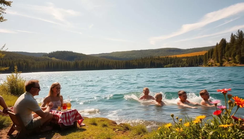 A sun-dappled scene in northern Michigan, with lush green forests and sparkling azure waters. In the foreground, a family enjoying a picnic on the shores of a tranquil lake, their laughter and smiles reflecting the joy of summer. Mid-ground, children splash in the cool, refreshing waves, their carefree movements captured in a dynamic, energetic pose. In the background, rolling hills dotted with vibrant wildflowers, and a clear sky painted with wispy cirrus clouds. Warm, golden sunlight filters through the trees, casting a soft, idyllic glow over the entire tableau. The overall mood is one of serene, nostalgic contentment - a quintessential summer day in the Great Lakes state.