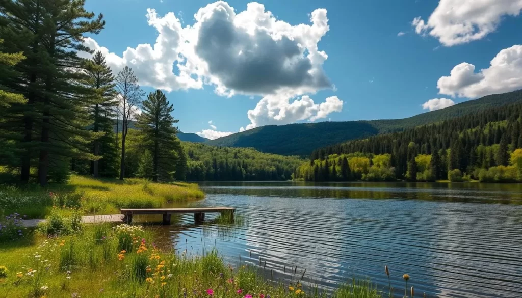 A sun-dappled scene in the lush, verdant hills of New Hampshire. An idyllic summer day with fluffy clouds drifting overhead. In the foreground, a tranquil lake reflects the surrounding forest, its calm waters rippled by a gentle breeze. Colorful wildflowers dot the grassy banks, while towering pine and maple trees line the shore, their branches swaying softly. In the middle ground, a small wooden dock extends into the lake, inviting visitors to relax and take in the serene, picturesque landscape. The background features rolling, forest-covered hills, their slopes illuminated by warm, golden sunlight filtering through the trees. An atmosphere of peaceful tranquility and natural beauty pervades the scene.